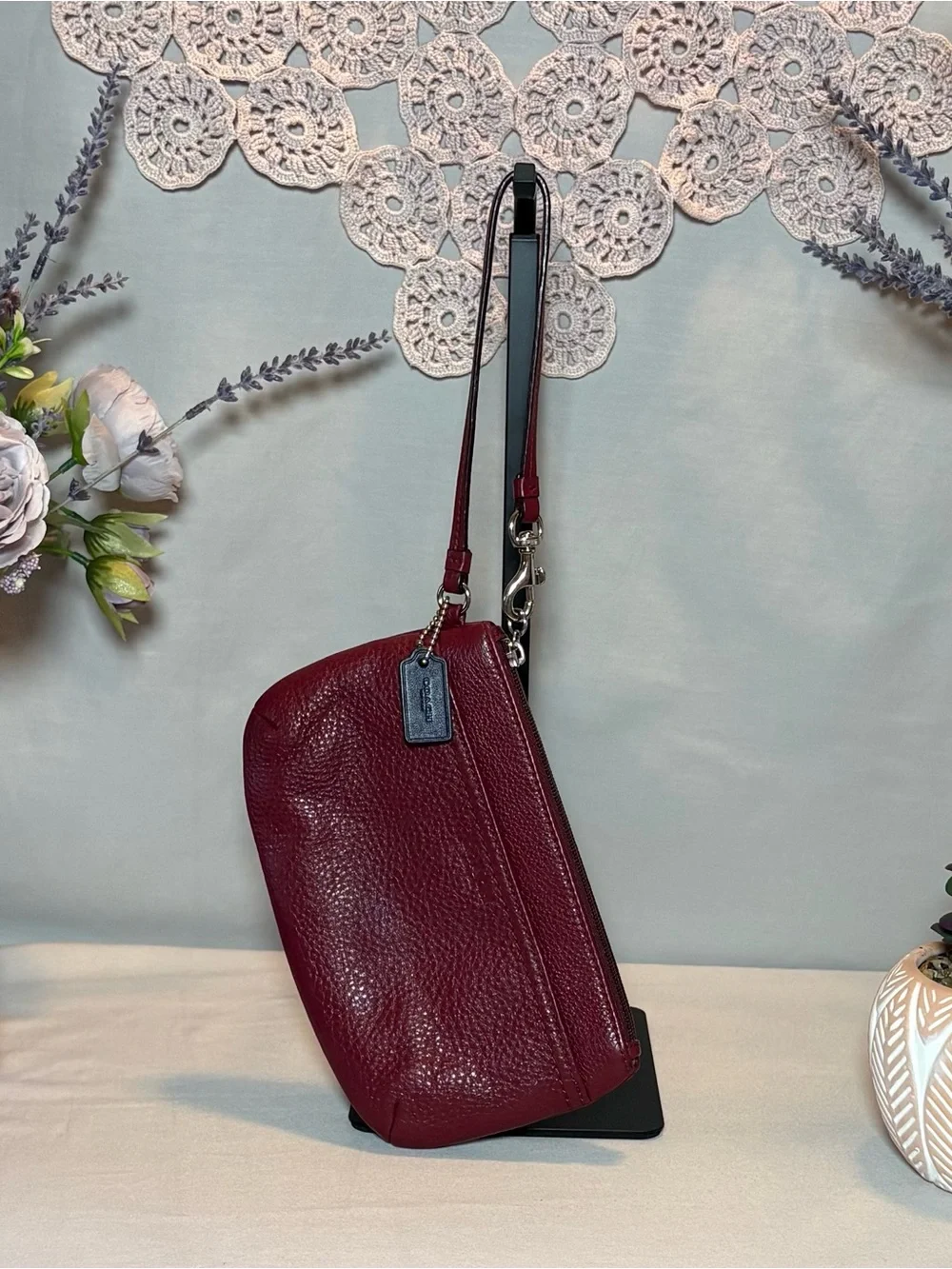 Coach Burgundy Pebbled Leather Wristlet Clutch